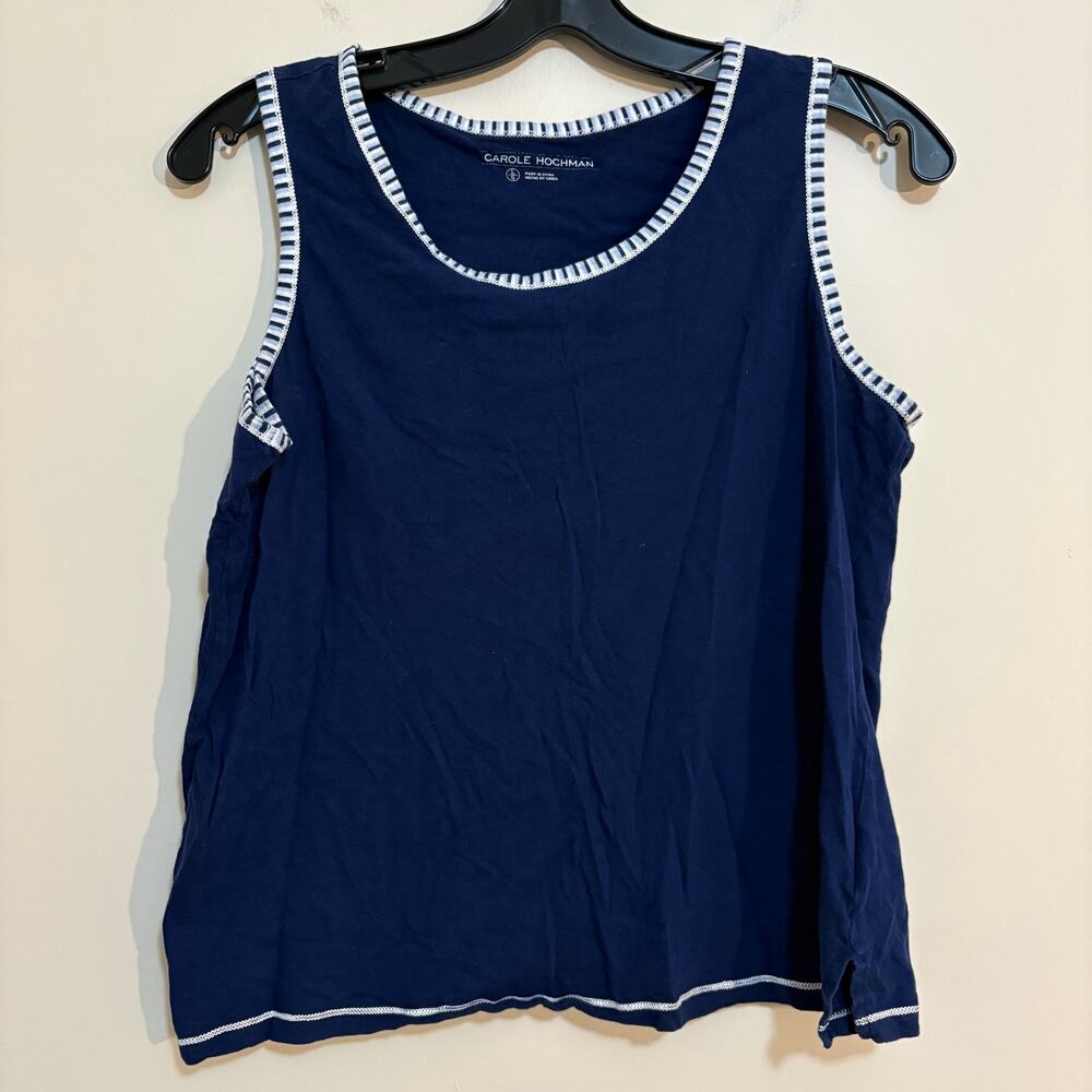 Carole Hochman Navy Cotton Sleeveless Tank Top Size Large Stripe Trim Lounge